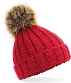 Merkloos Grof Gebreide Wintermuts Rood Met Bruine Pompon Voor Dames
