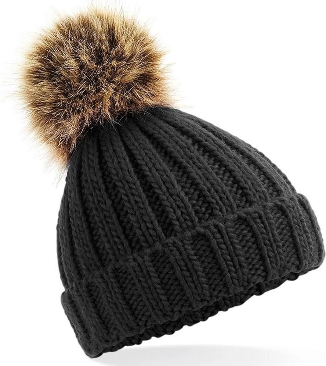 Merkloos Grof Gebreide Wintermuts Zwart Met Bruine Pompon Voor Dames 3 Merkloos Grof Gebreide Wintermuts Zwart Met Bruine Pompon Voor Dames
