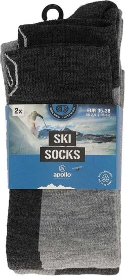 Apollo® Apollo | Skisokken Unisex | Grey Design | 2-Pak | Maat 35/38 | Skisokken Heren | Skisokken Dames -SkiKleding Winkel 545x1200